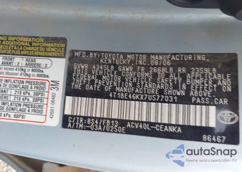 2007 Toyota Camry Le из США, поврежденный, VIN 4T1BE46KX7U577031